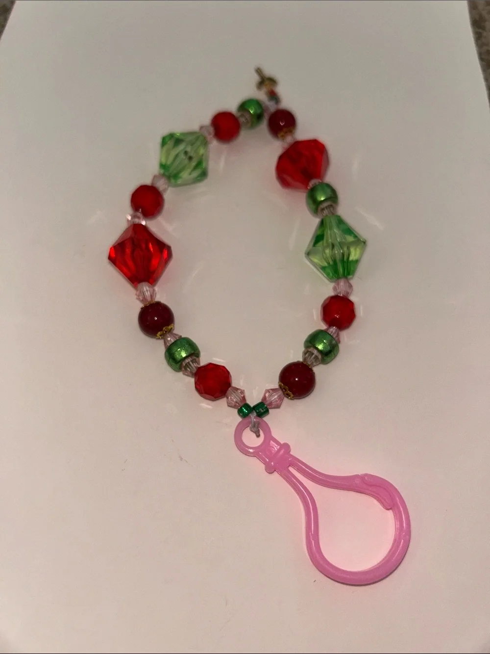 Beaded Red & Green Bracelet with Pink Clip